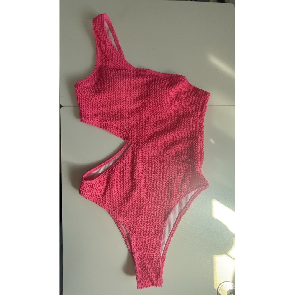 Hot‎ Pink One-Shoulder Textured Swimsuit Monokini Beachwear Size Small